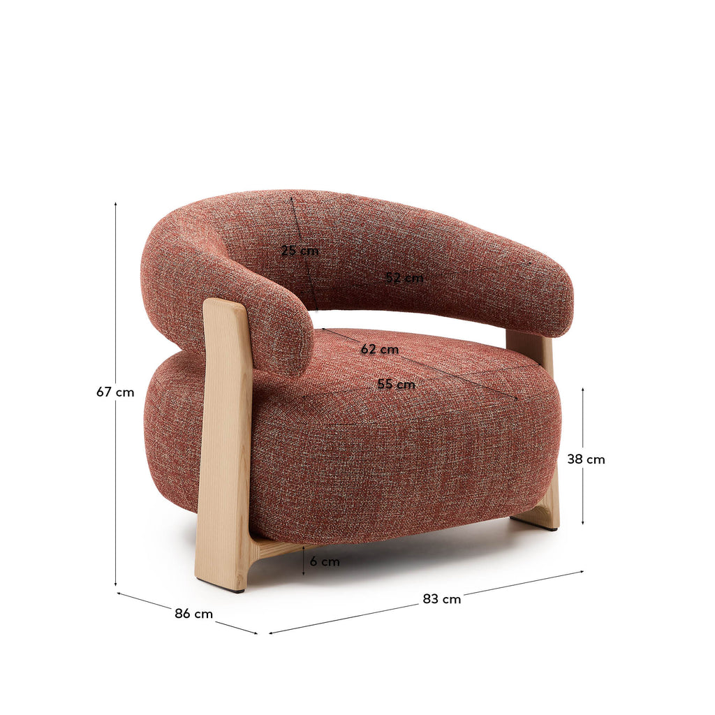 Granite terracotta chenille armchair with solid ash wood legs in a natural tone finish FSC 100%