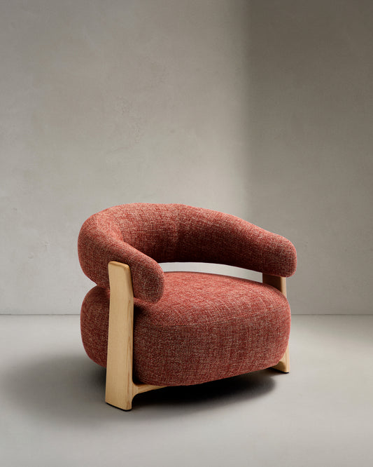 Granite terracotta chenille armchair with solid ash wood legs in a natural tone finish FSC 100%