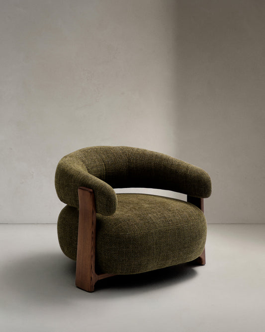 Granite green chenille armchair with solid ash wood legs in a walnut finish FSC 100%