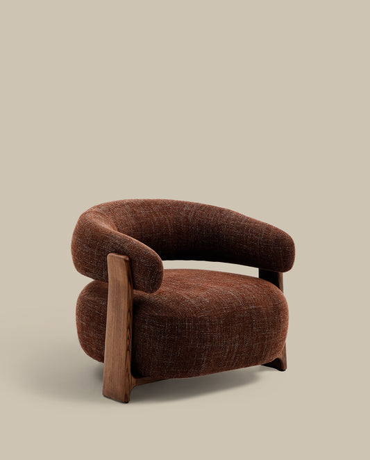 Granite fire-retardant armchair in brown chenille and solid ash wood with walnut-coloured finish FSC 100%