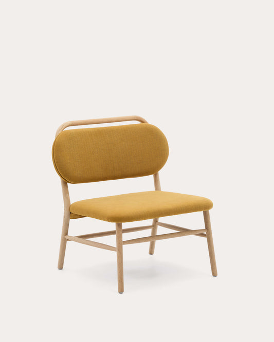 Helda armchair in mustard-coloured chenille and FSC Mix Credit solid oak wood