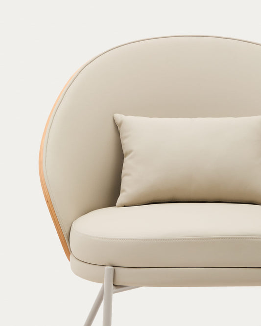 Eamy armchair in beige faux leather, ash veneer with natural finish and beige metal