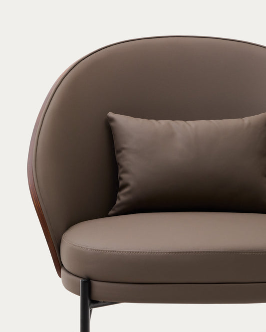 Eamy armchair in brown faux leather, ash veneer with walnut and black metal finish