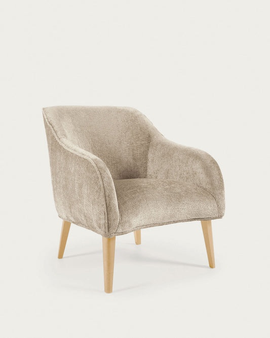 Bobly armchair in beige chenille with wooden legs with natural finish