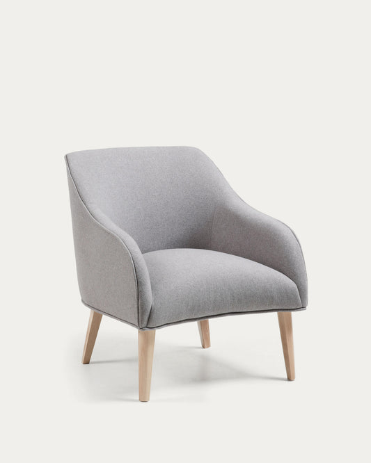 Bobly armchair in grey with wooden legs with natural finish