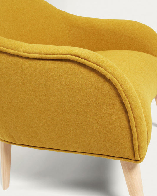 Bobly armchair in mustard with wooden legs with natural finish