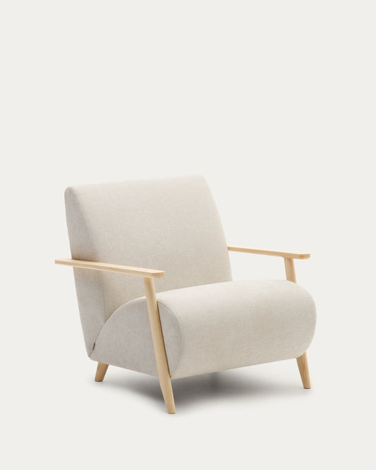 Meghan armchair in pearl chenille and with solid beech wood in a natural finish