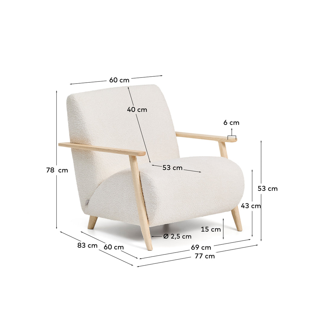 Meghan fire-retardant armchair in ecru bouclé and solid ash wood with natural tone finish FSC Mix Credit