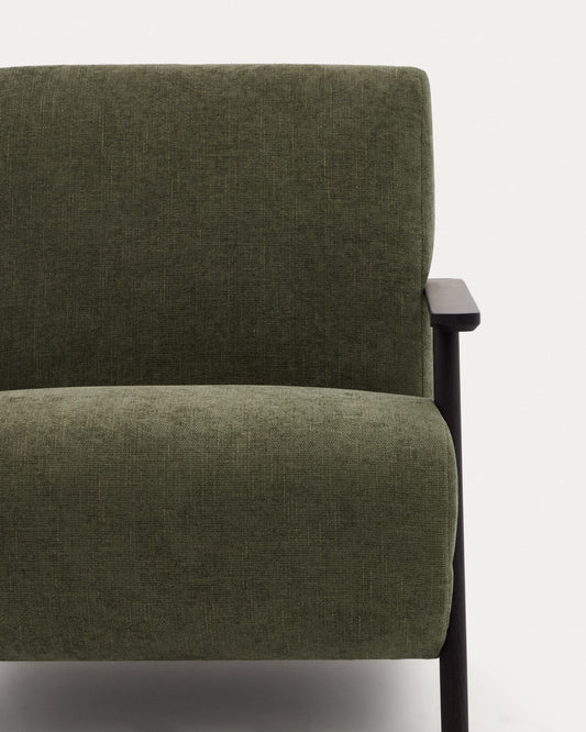 Meghan armchair in green chenille and with solid beech wood in a wenge finish