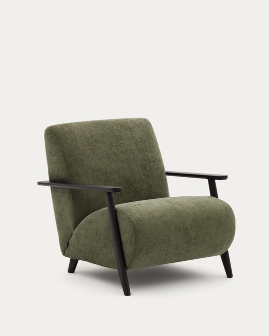 Meghan armchair in green chenille and with solid beech wood in a wenge finish