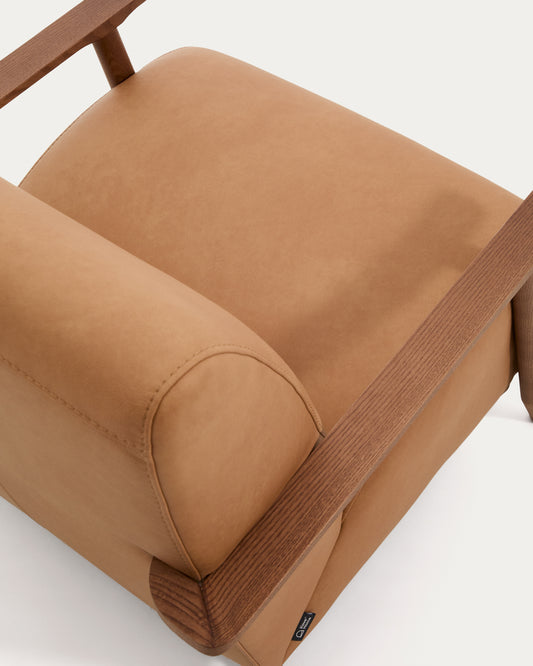 Meghan armchair in brown leather and solid ash wood with walnut-coloured finish FSC Mix Credit