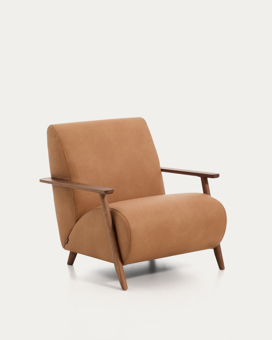 Meghan armchair in brown leather and solid ash wood with walnut-coloured finish FSC Mix Credit