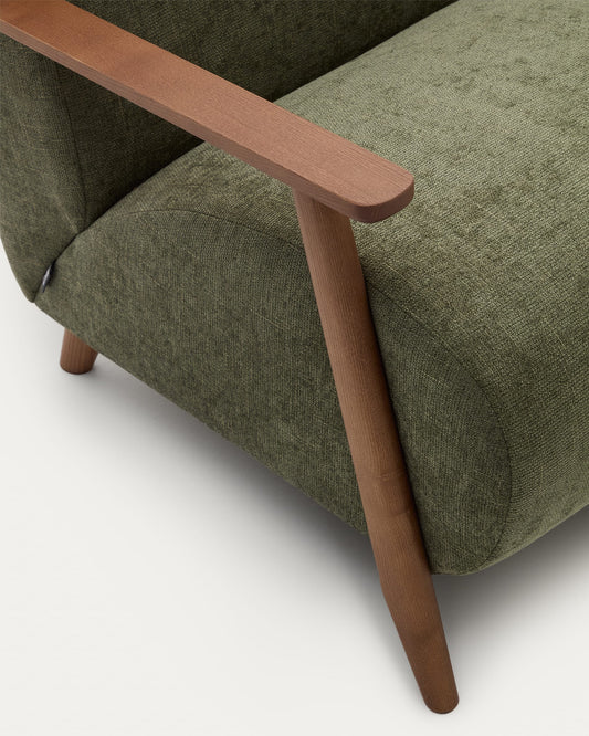 Meghan armchair in green chenille and solid ash wood with walnut finish