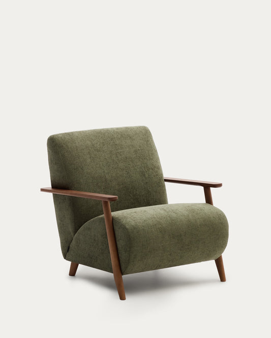 Meghan armchair in green chenille and solid ash wood with walnut finish