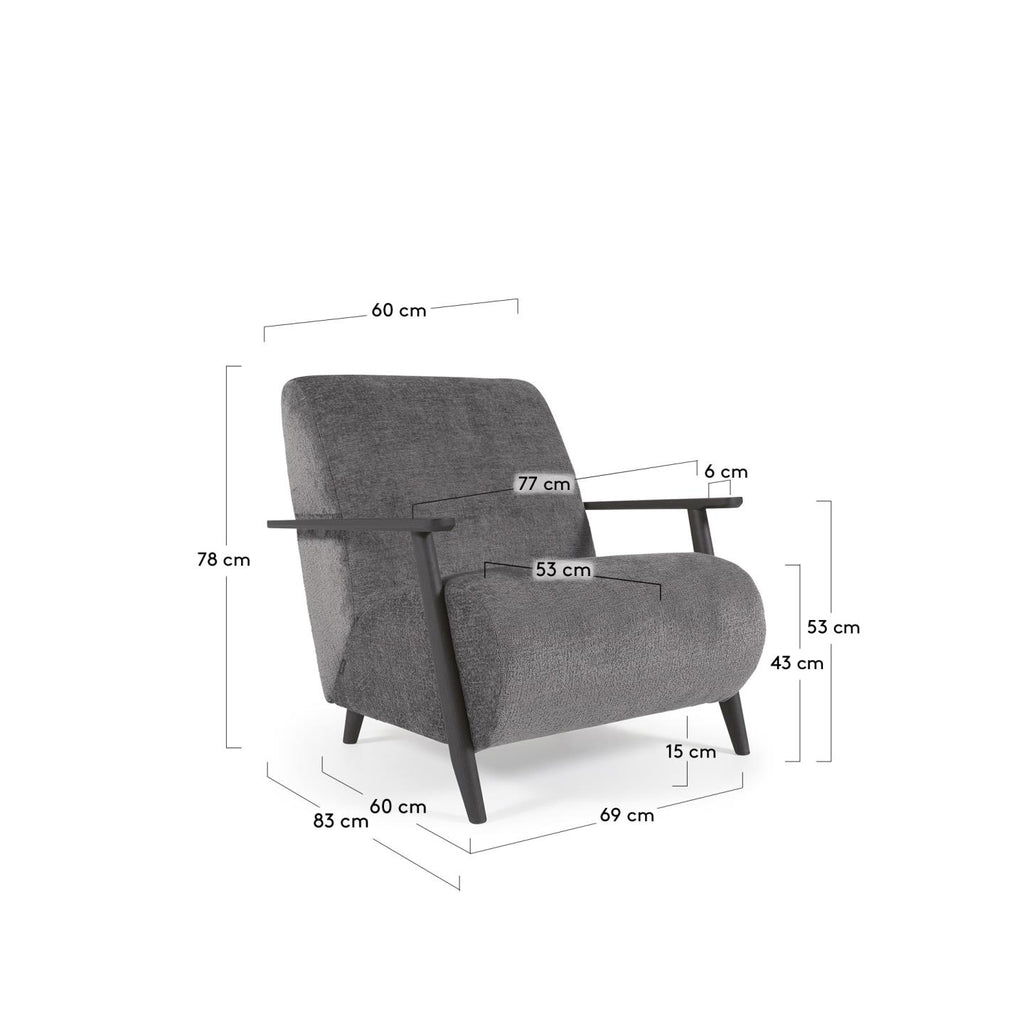 Meghan armchair in grey chenille and wood with wenge finish