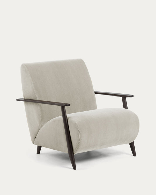 Meghan armchair in beige corduroy with solid ash legs in a wenge finish