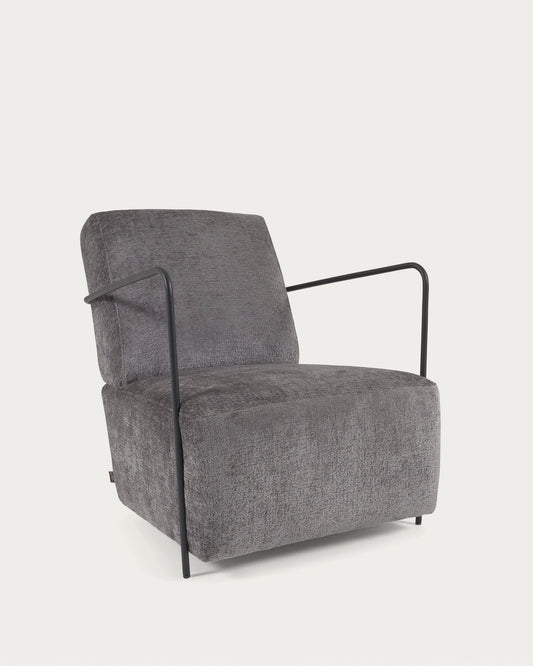 Gamer armchair in grey chenille and metal with black finish