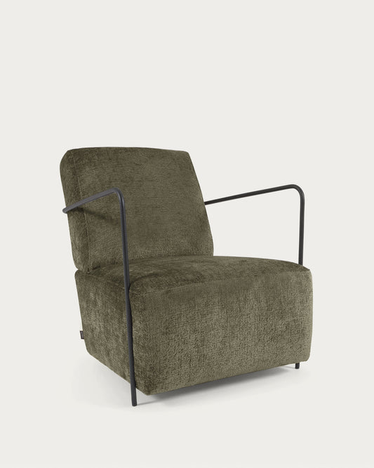 Gamer armchair in green chenille and metal with black finish