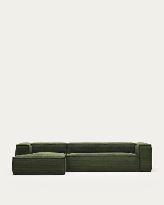 Blok 4 seater sofa with left side chaise longue in green wide seam corduroy, 330 cm