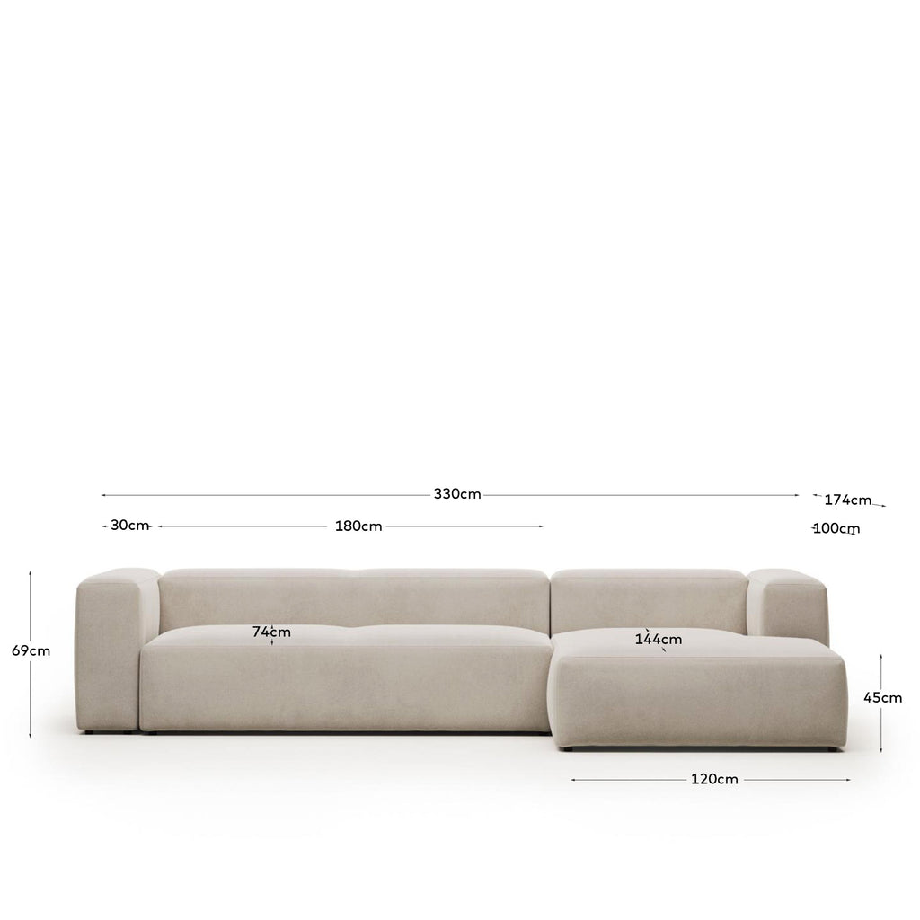 Blok 4-seater beige chenille right chaise longue sofa 330cm FSC Mix Credit