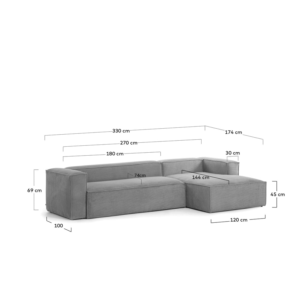 Blok 4-seater right chaise longue sofa in grey thick corduroy 330cm FSC Mix Credit