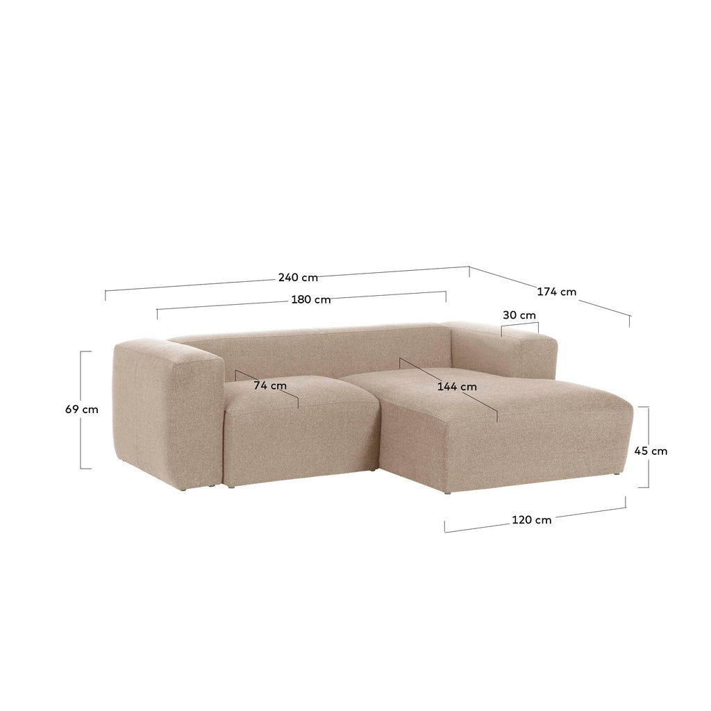 Blok 2-seater beige chenille right chaise longue sofa 240cm FSC Mix Credit