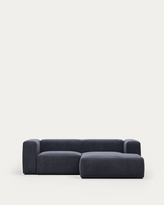 Blok fire-retardant 2-seater sofa with right chaise longue in blue chenille 240cm