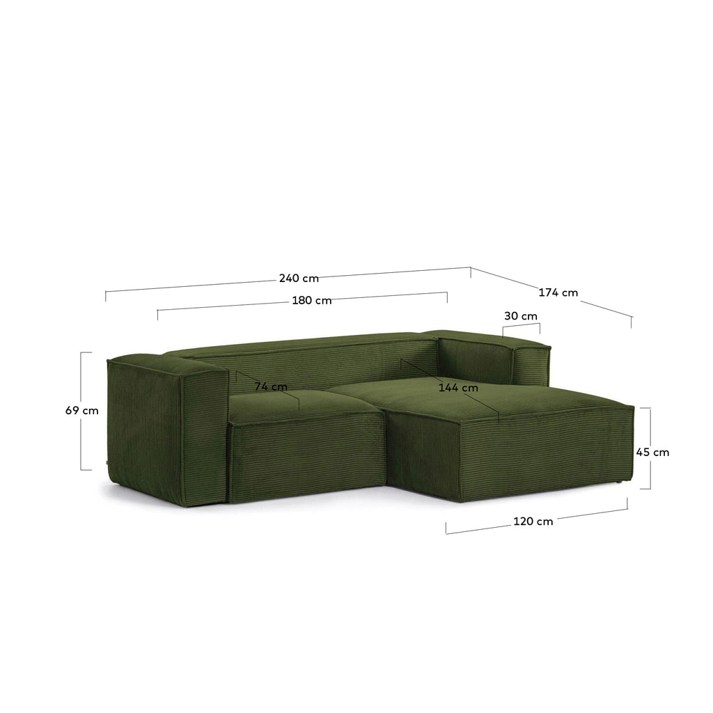 Blok 2-seater sofa with right chaise longue thick green corduroy 240 cm