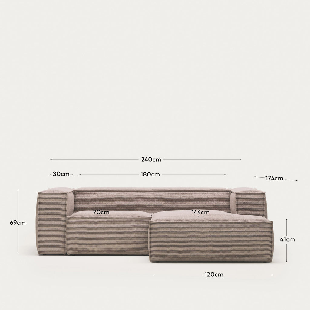 Blok 2 seater sofa with right side chaise longue in pink wide seam corduroy, 240 cm