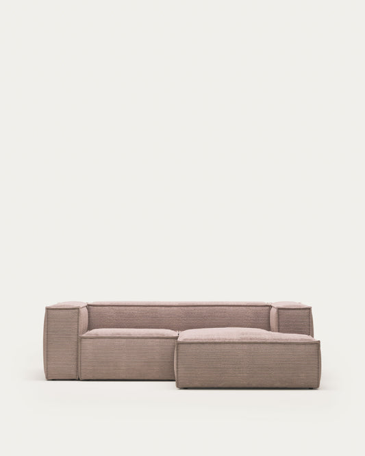 Blok fire-retardant 2-seater sofa with right chaise longue in thick pink corduroy 240cm FSC Mix Credit