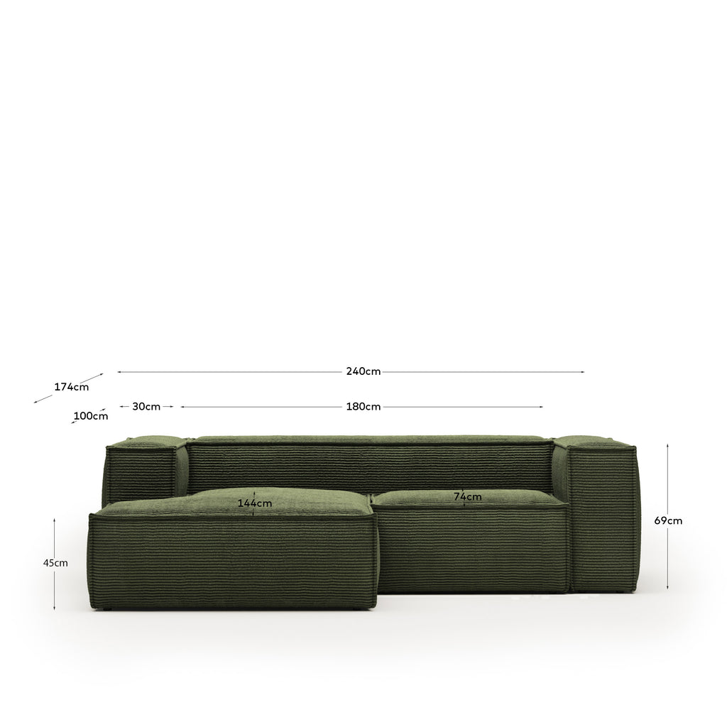 Blok 2-seater sofa with left chaise longue thick green corduroy 240 cm