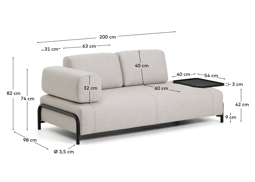 Compo 2-seater greige sofa with large tray table and black metal frame 200 cm FSC Mix Credit