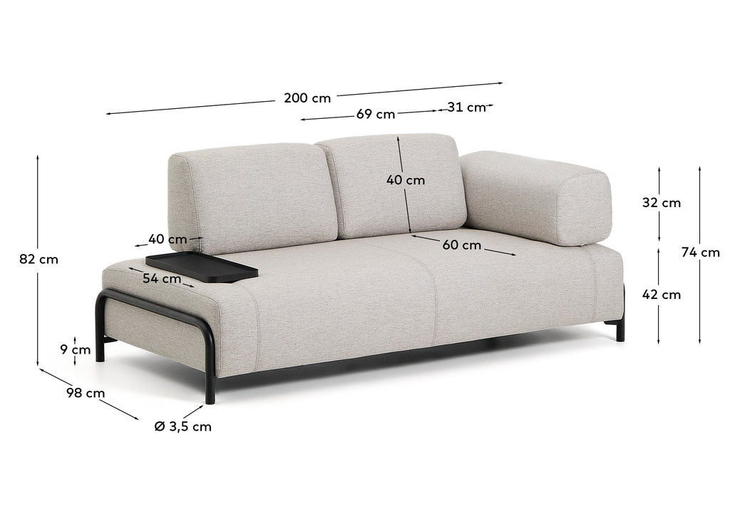 Compo 2-seater greige sofa with small tray table and black metal frame 200 cm FSC Mix Credit
