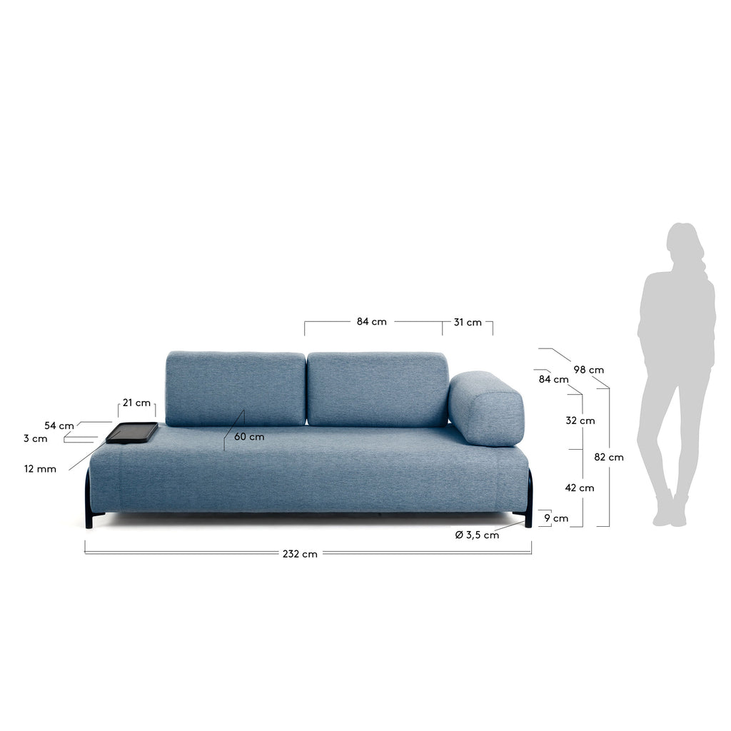 Compo 3-seater sofa in blue with small tray 232 cm