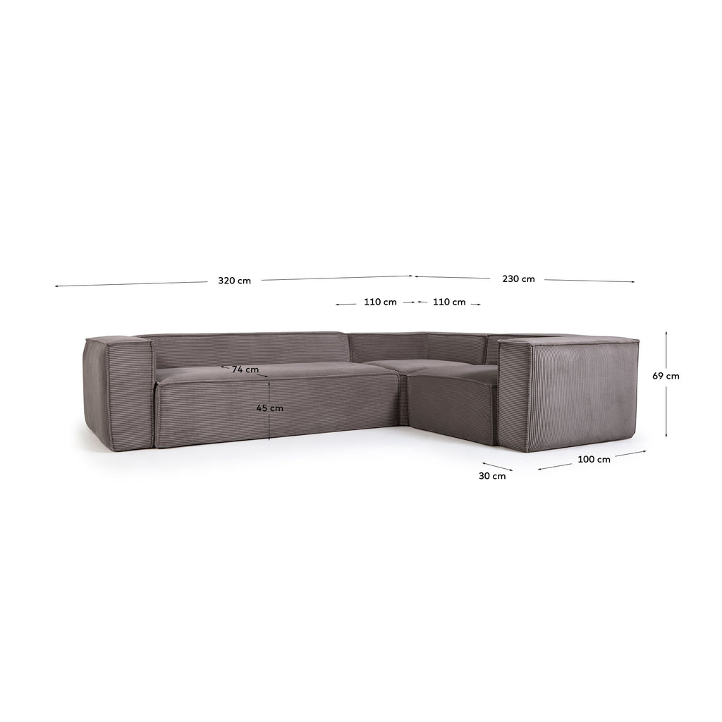 Blok grey thick corduroy 4-seater corner sofa 320 x 230cm/230 x 320cm FSC Mix Credit