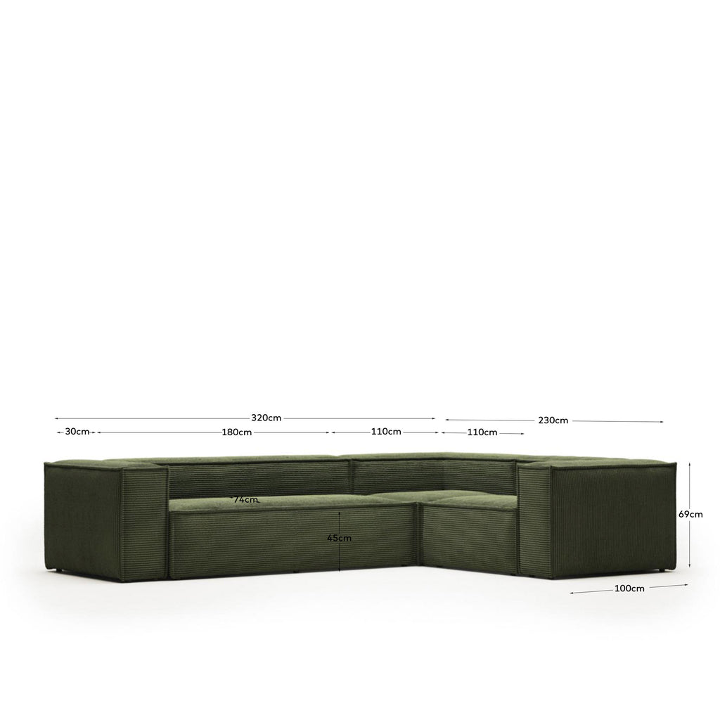 Blok 4 seater corner sofa in green corduroy, 320 x 230 cm / 230 x 320 cm FSC Mix Credit