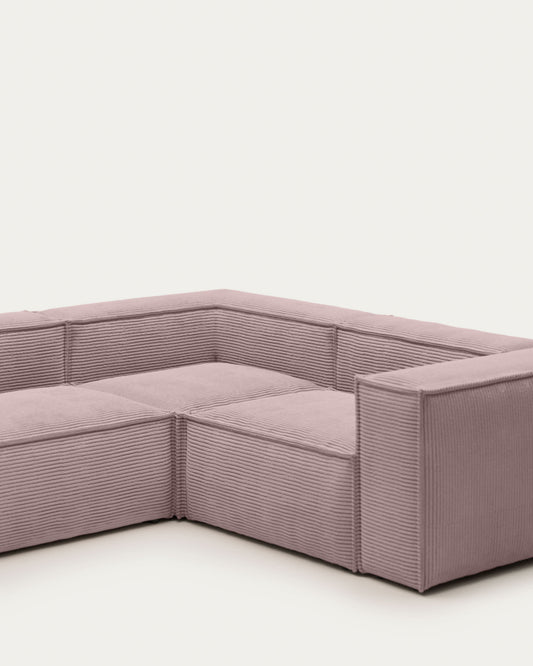 Blok 4 seater corner sofa in pink wide seam corduroy, 320 x 230 cm / 230 x 320 cm