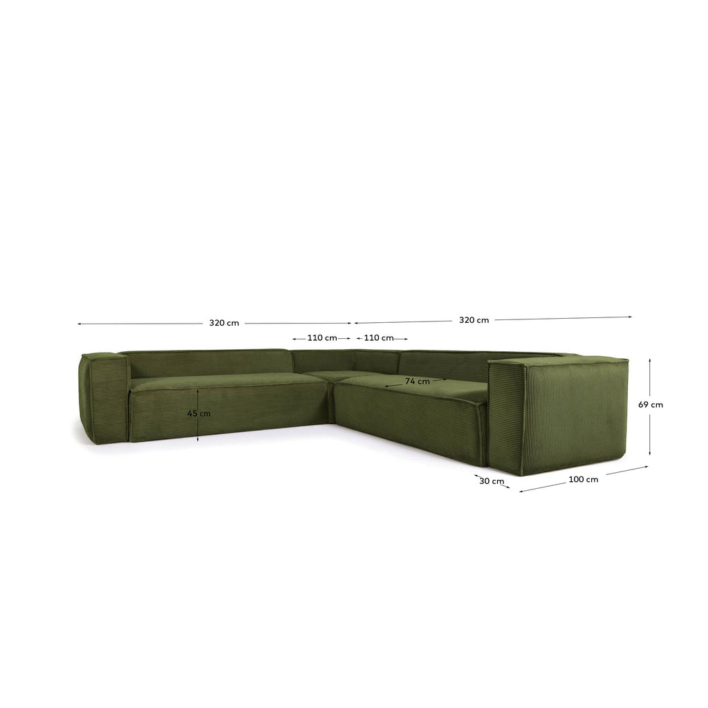 Blok green thick corduroy 6-seater corner sofa 320 x 320cm FSC Mix Credit
