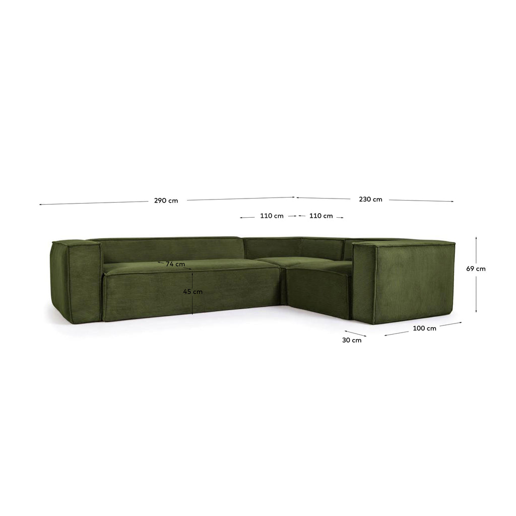 Blok green thick corduroy 3-seater corner sofa 290 x 230cm/230 x 290cm FSC Mix Credit