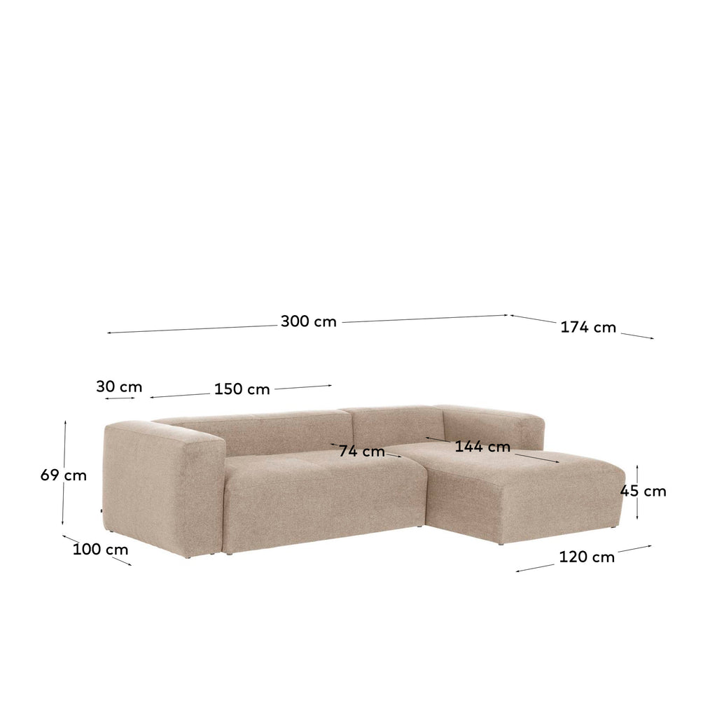 Blok 3-seater beige chenille right chaise longue sofa 300cm FSC Mix Credit