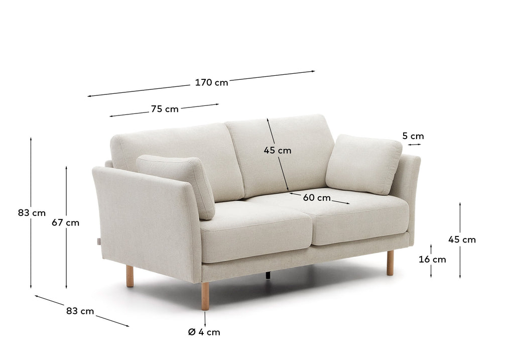 Gilma 2 seater sofa in chenille pearl with natural wood finish legs, 170 cm