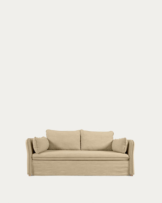 Tanit sofa bed in beige with natural finish solid beech wood legs, 210 cm