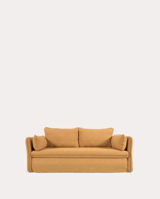 Tanit sofa bed in mustard with natural finish solid beech wood legs, 210 cm