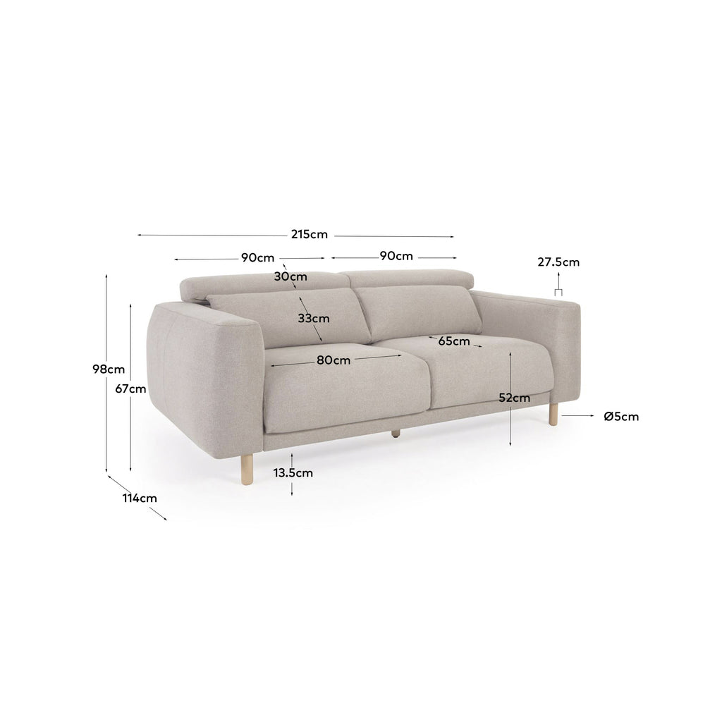 Singa 3 seater sofa with reclining headrest and extendable seat in beige 215 cm FSC Mix Credit