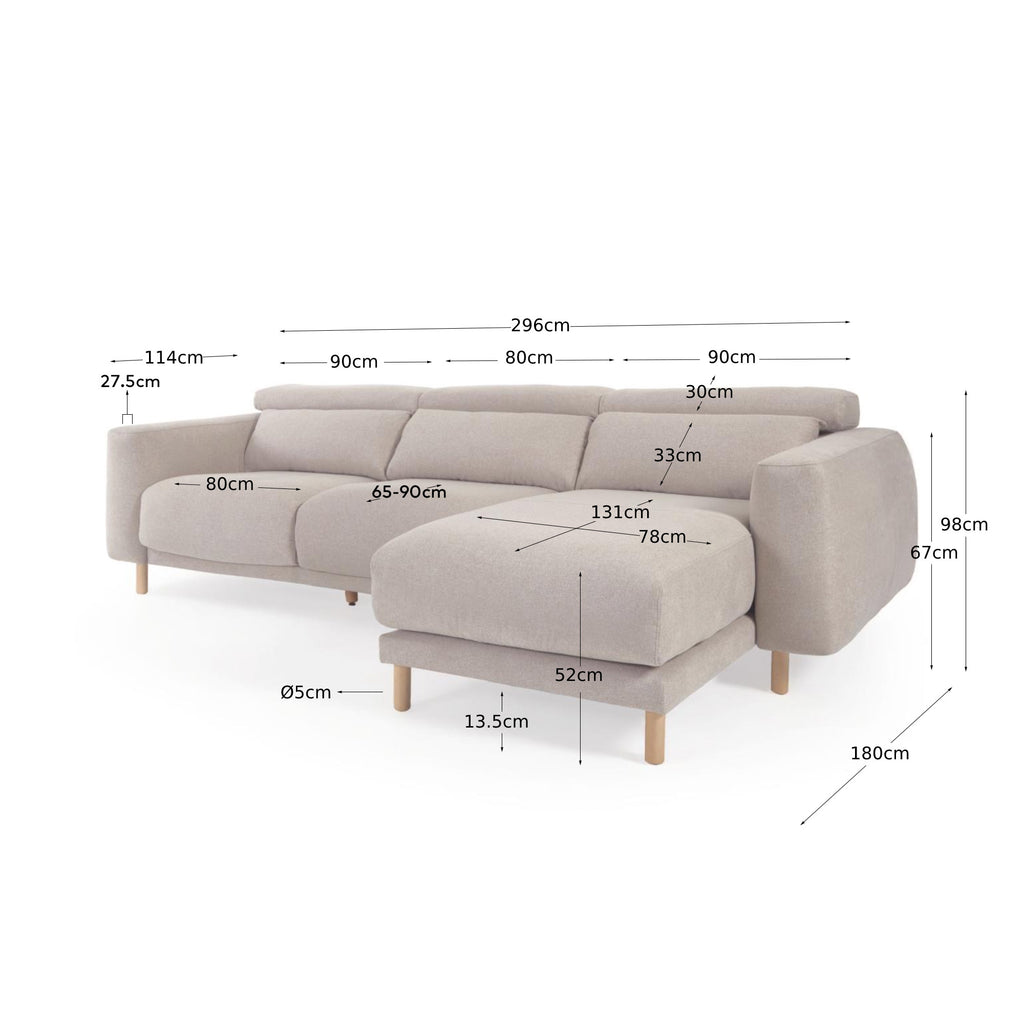Singa 3 seater sofa with right-hand chaise longue, reclining headrest and extendable seat in beige 296 cm FSC Mix Credit