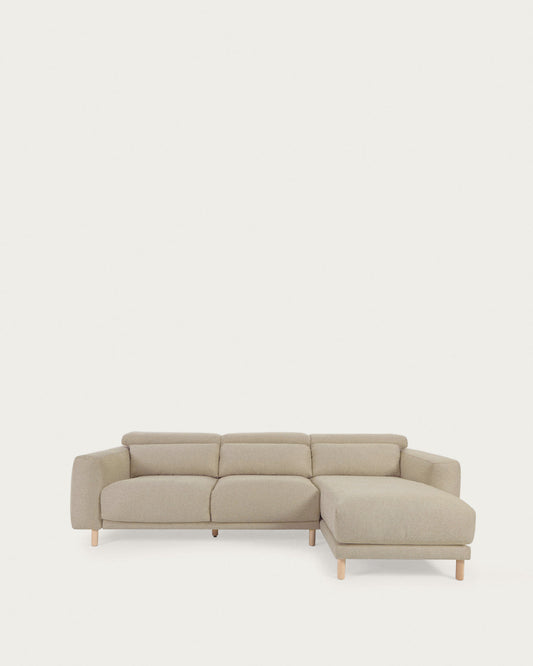 Singa 3 seater sofa with right-hand chaise longue, reclining headrest and extendable seat in beige 296 cm