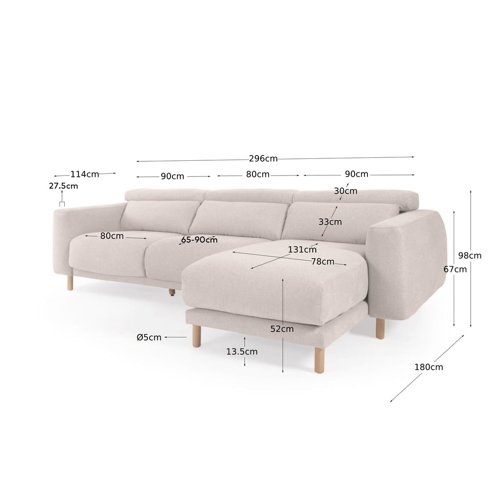 Singa 3 seater sofa with right-hand chaise longue, reclining headrest and extendable seat in white 296 cm