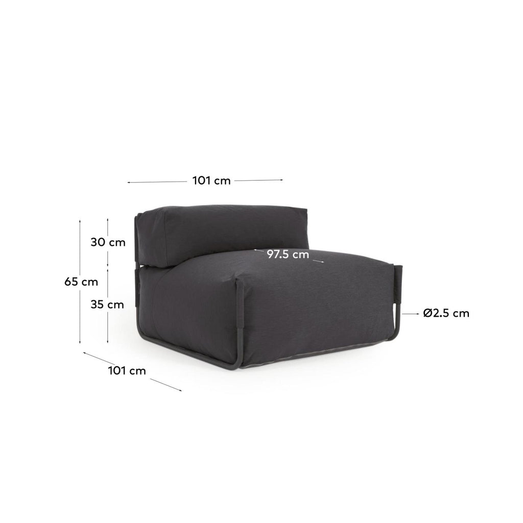 Square modular 100% outdoor sofa pouffe w/ backrest, dark grey, black aluminium, 101x101cm