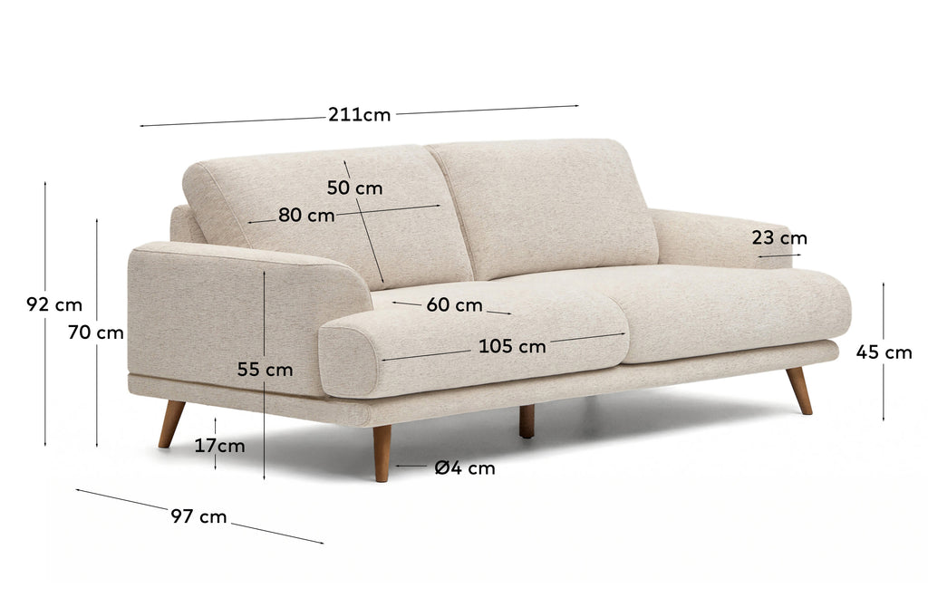 Karin 2-seater sofa in beige chenille with solid beech wood legs in walnut-tone finish 210 cm