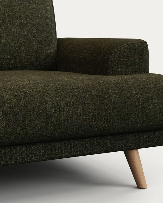 Karin 3 seater sofa in dark green with solid beech wood legs, 231 cm